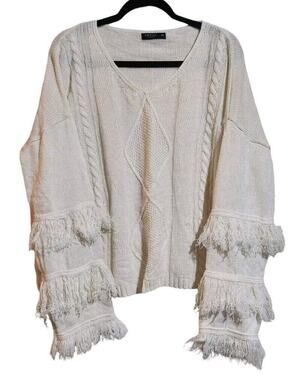 Shein Curve Women Pullover Jumper Sweater Plus 1X Ivory White Long Sleeve Fringe
